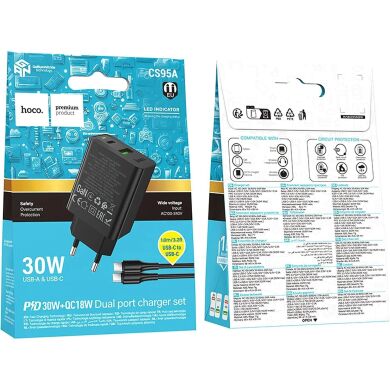 Мережевий зарядний пристрій Hoco CS95A PD30W + QC3.0 + кабель Type-C to Type-C - Black