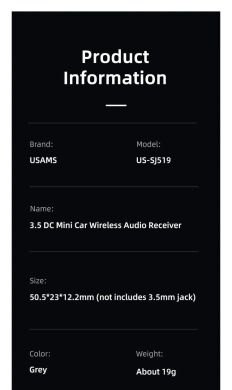FM модулятор Usams US-SJ519 3.5DC Mini Car Wireless Audio Receiver BT5.0 - Grey